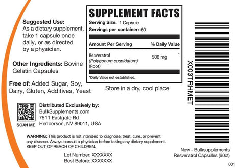 Suplemento BULKSUPPLEMENTS de resveratrol  500mg 60 cápsulas