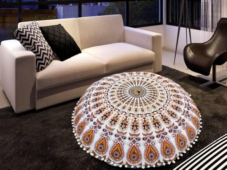 Funda bohemia para cojín, de 32 pulgadas, con diseño de mandala, para meditación, decorativa, otomana, grande, para exteriores, decoración del hogar, decoración de arte en el hogar, redonda, con pompones de algodón, cómoda