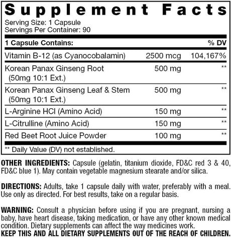 Vitamina B-12 2500 Panax Ginseng con L-Arginina potenciador