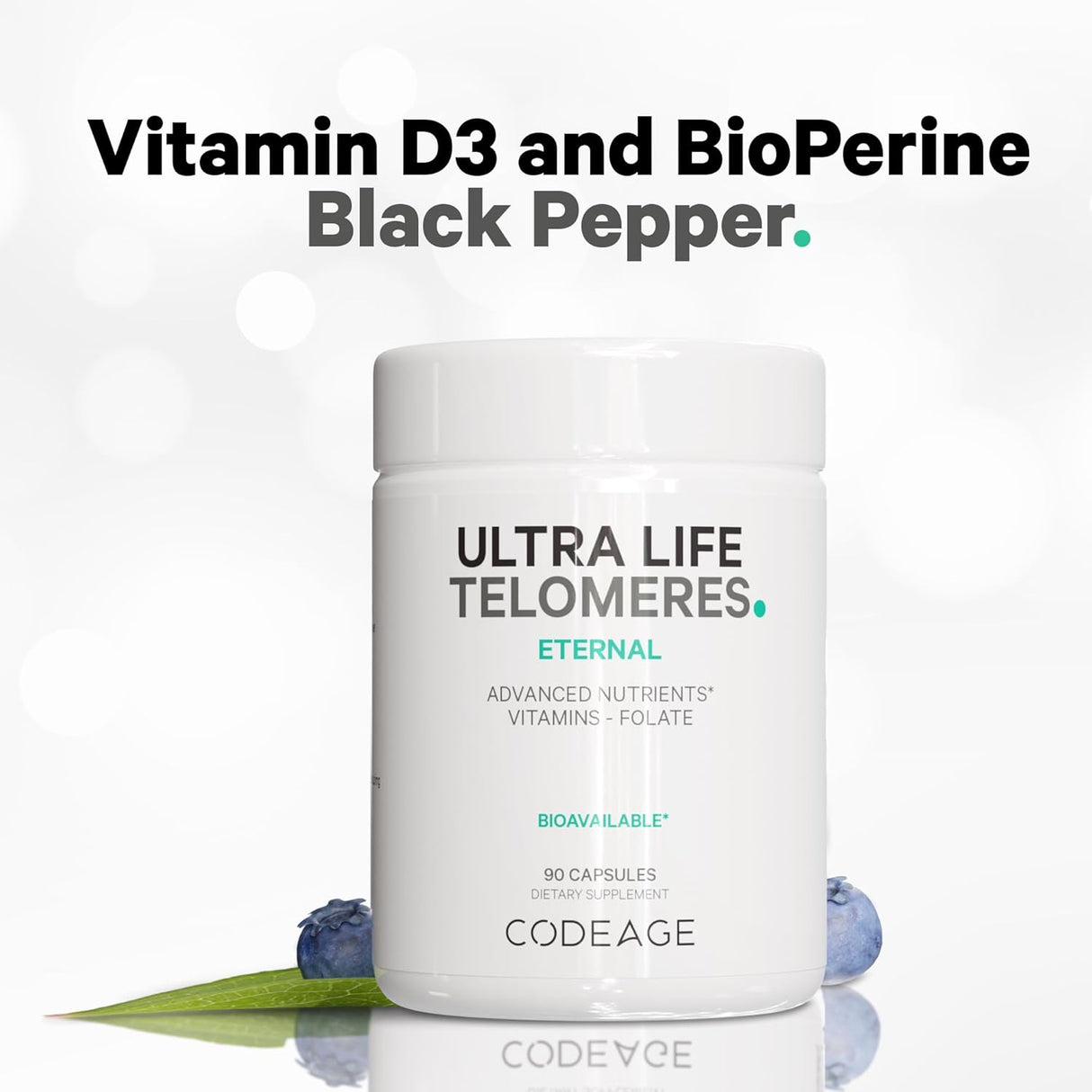 Suplemento Telómeros Codeage - 5 MTHF, B9, B12, D3, 90 cápsulas