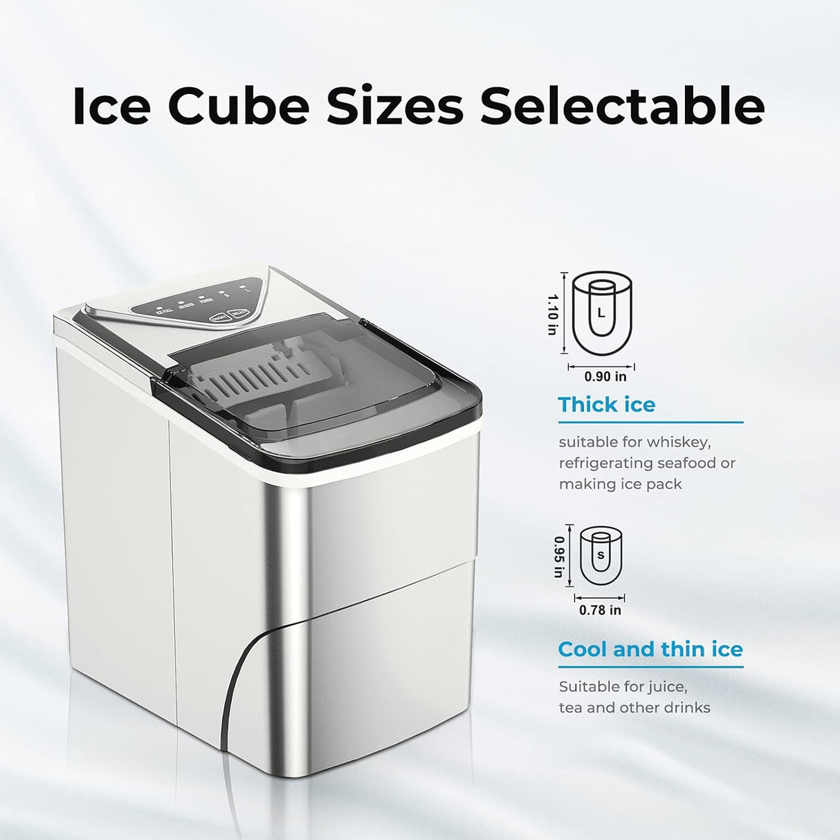Máquina de Hielo Portátil, Autolimpiante, 26lbs/24h, Silver