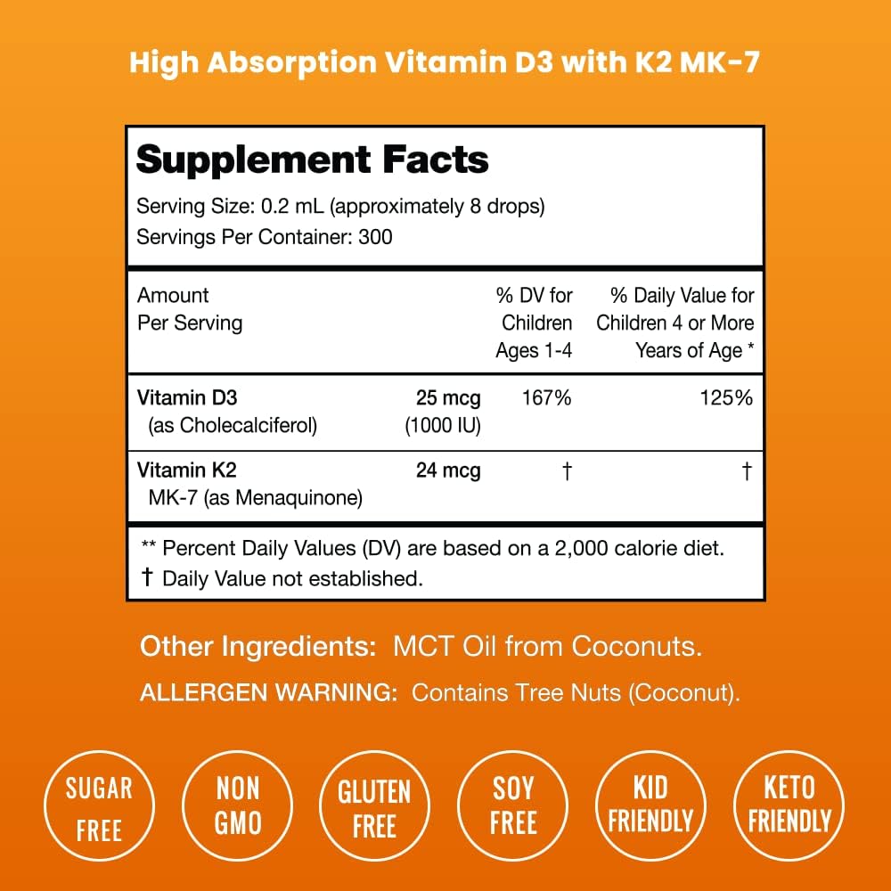 Gotas de Vitamina D3 K2 para Niños | 1000 IU | 300 Porciones