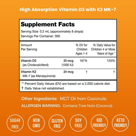 Gotas de Vitamina D3 K2 para Niños | 1000 IU | 300 Porciones