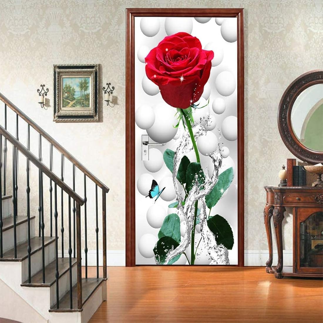 Papel tapiz autoadhesivo 3D con diseño de rosas para puerta.