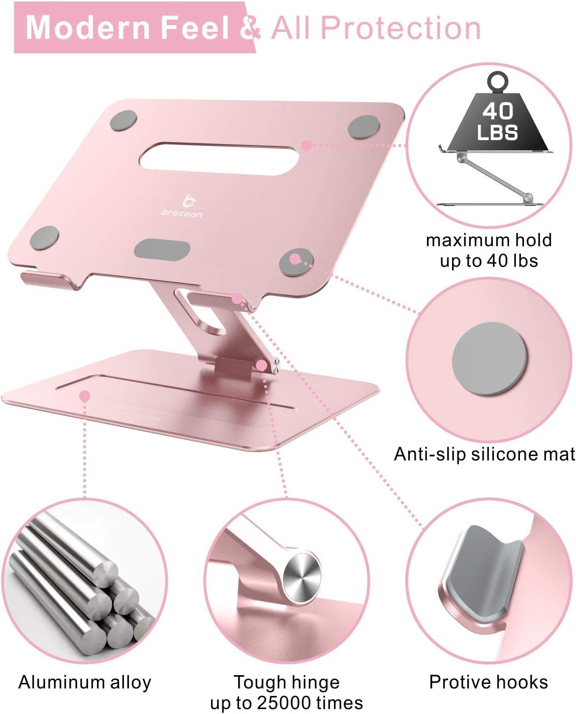 Brocoon - Soporte ajustable para laptop MacBook para escritorio, soporte ergonómico de aluminio para computadora con ventilación térmica, elevador para portátil compatible con portátiles de 10 a 17 pulgadas, oro rosa (rosa)