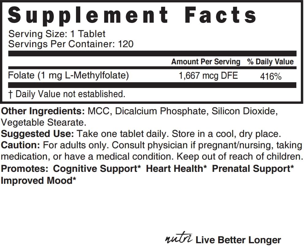 Suplemento Nutri 5-MTHF L Metilfolato 1MG  120 tabletas
