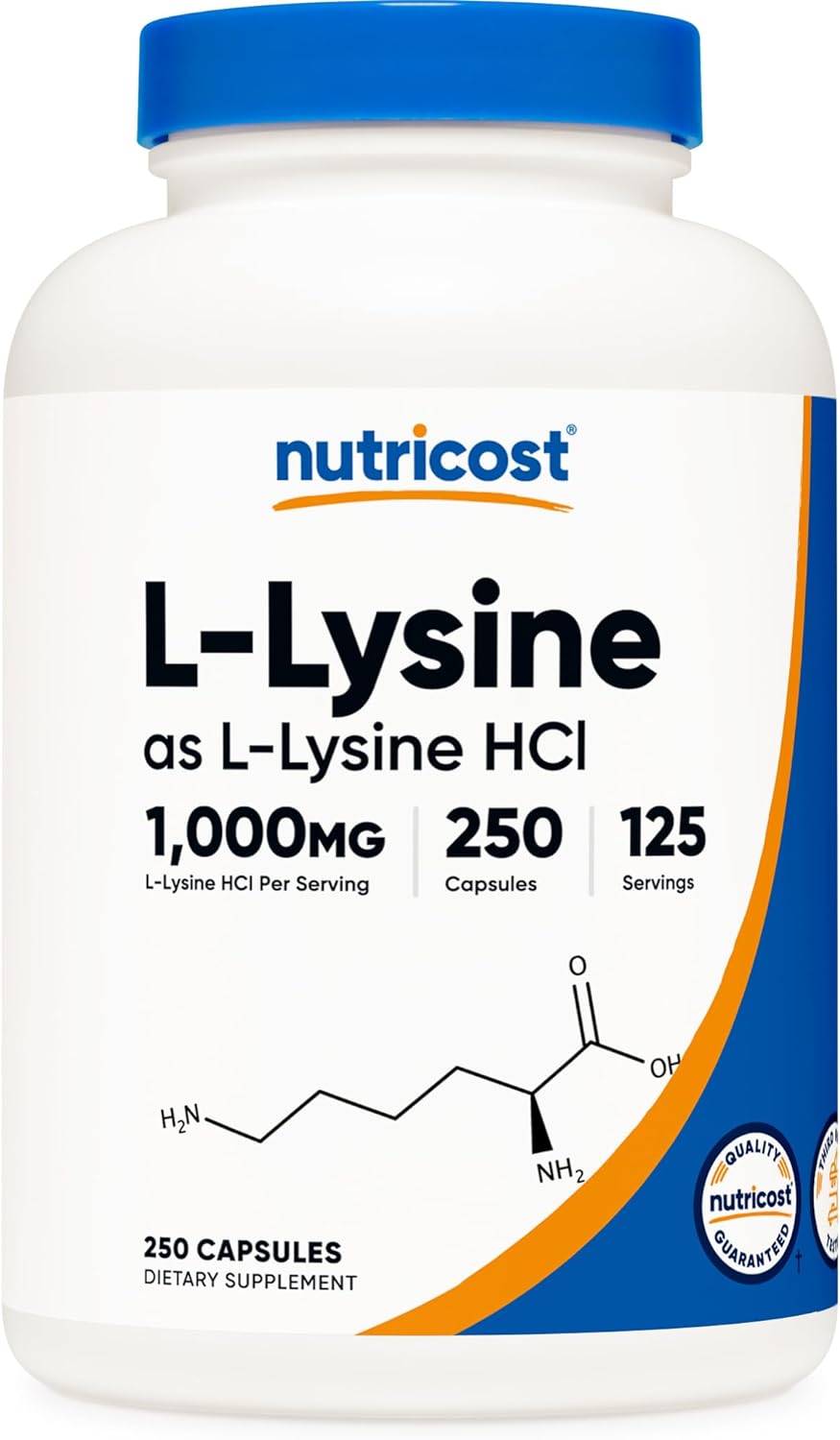 Suplemento Nutricost L-Lisina 1000 mg, 250 cápsulas 500 mg