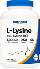Suplemento Nutricost L-Lisina 1000 mg, 250 cápsulas 500 mg