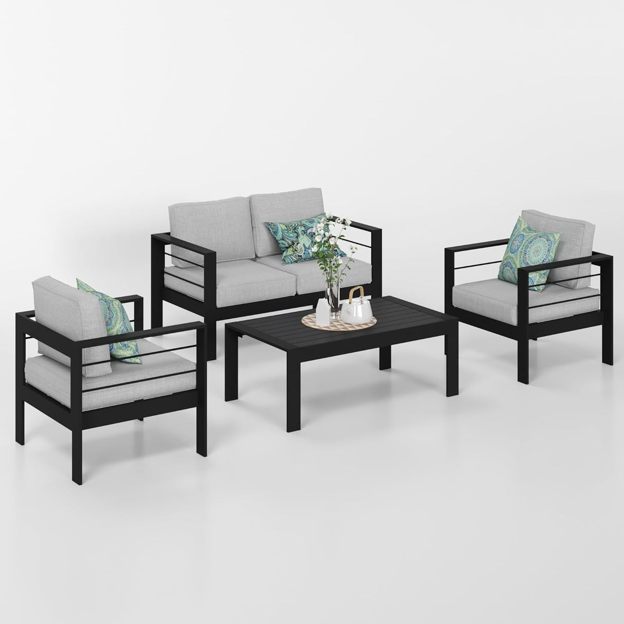 Solaste Juego de muebles de aluminio para exteriores, 4 piezas, sofá seccional de conversación con mesa, marco negro y cojín gris
