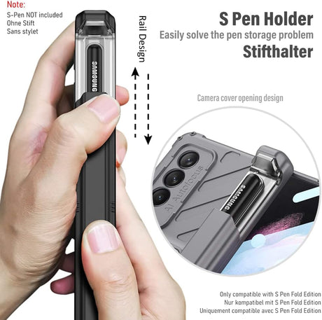 KumWum Funda de teléfono para Samsung Galaxy Z Fold 3 5G con soporte para bolígrafo S y soporte ajustable 360 protección completa integrada protector de pantalla cubierta de protección de bisagra, color negro