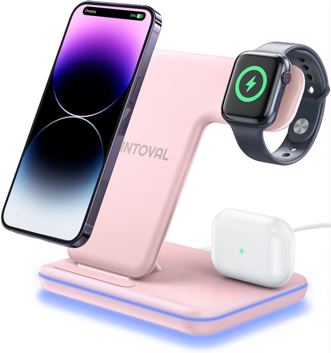 Cargador inalámbrico 3 en 1 para celular color rosado