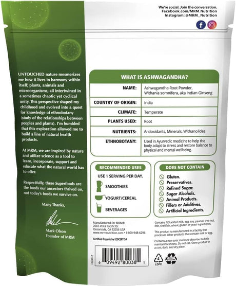Polvo de Raíz de Ashwagandha Orgánico | MRM Nutrition | 113 Serv.
