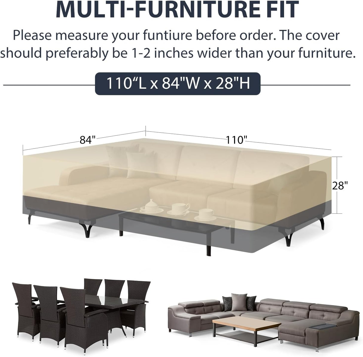 Fundas impermeables para muebles de patio, resistentes para el invierno, 110 x 84 x 28 pulgadas, fundas grandes para mesa de comedor y silla, anti-UV, uso general, fundas para sofá seccional exterior