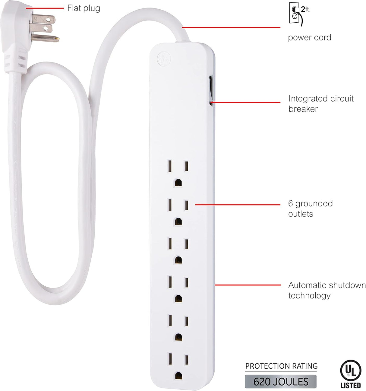 GE Pro 40532 Protector SurGE de 6 tomas, cable de extensión