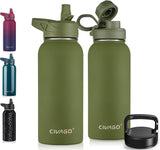CIVAGO Botella de agua aislada de 32 onzas con pajilla, botella de agua deportiva de acero inoxidable con 3 tapas (pajilla, boquilla y tapa de asa), taza térmica de viaje de boca ancha, verde militar