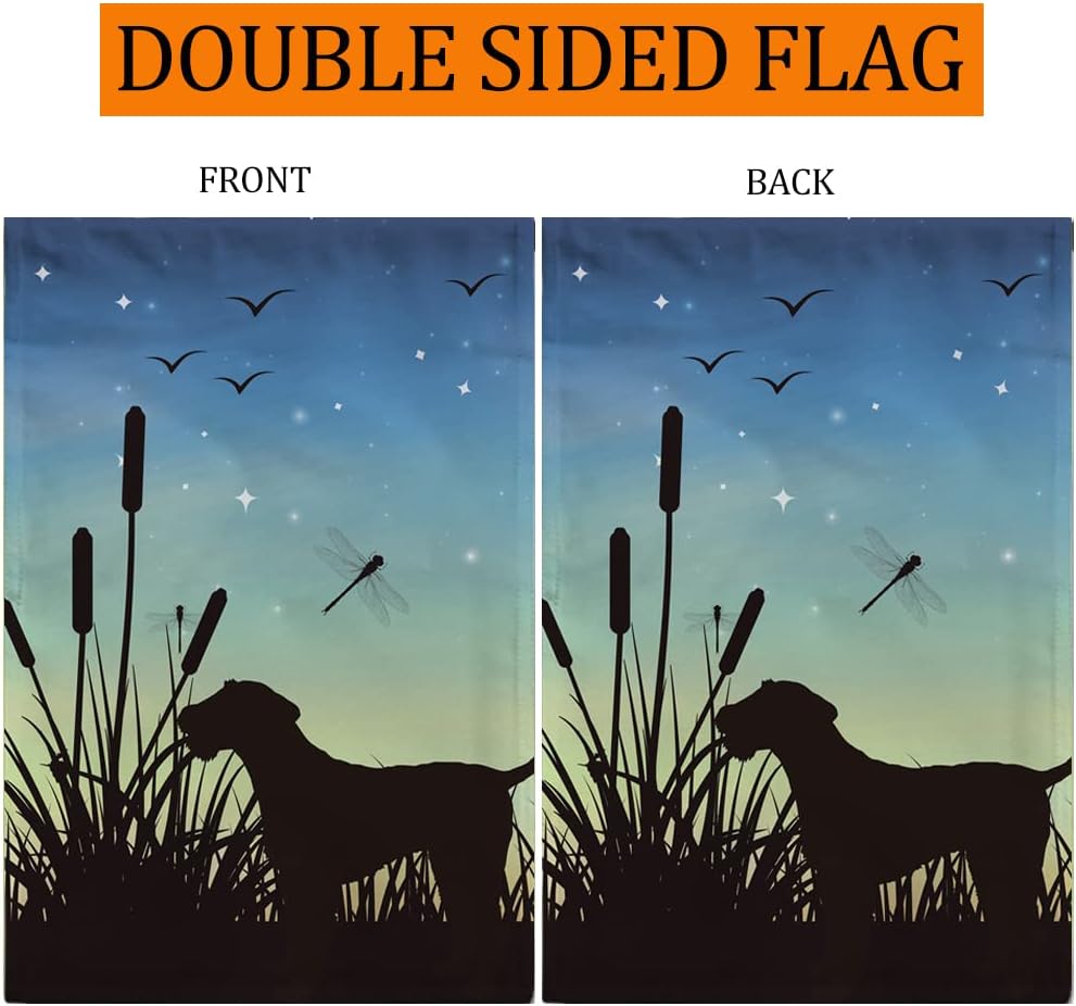Bandera de Jardín Nocturna Silueta Keeshond y Libélula