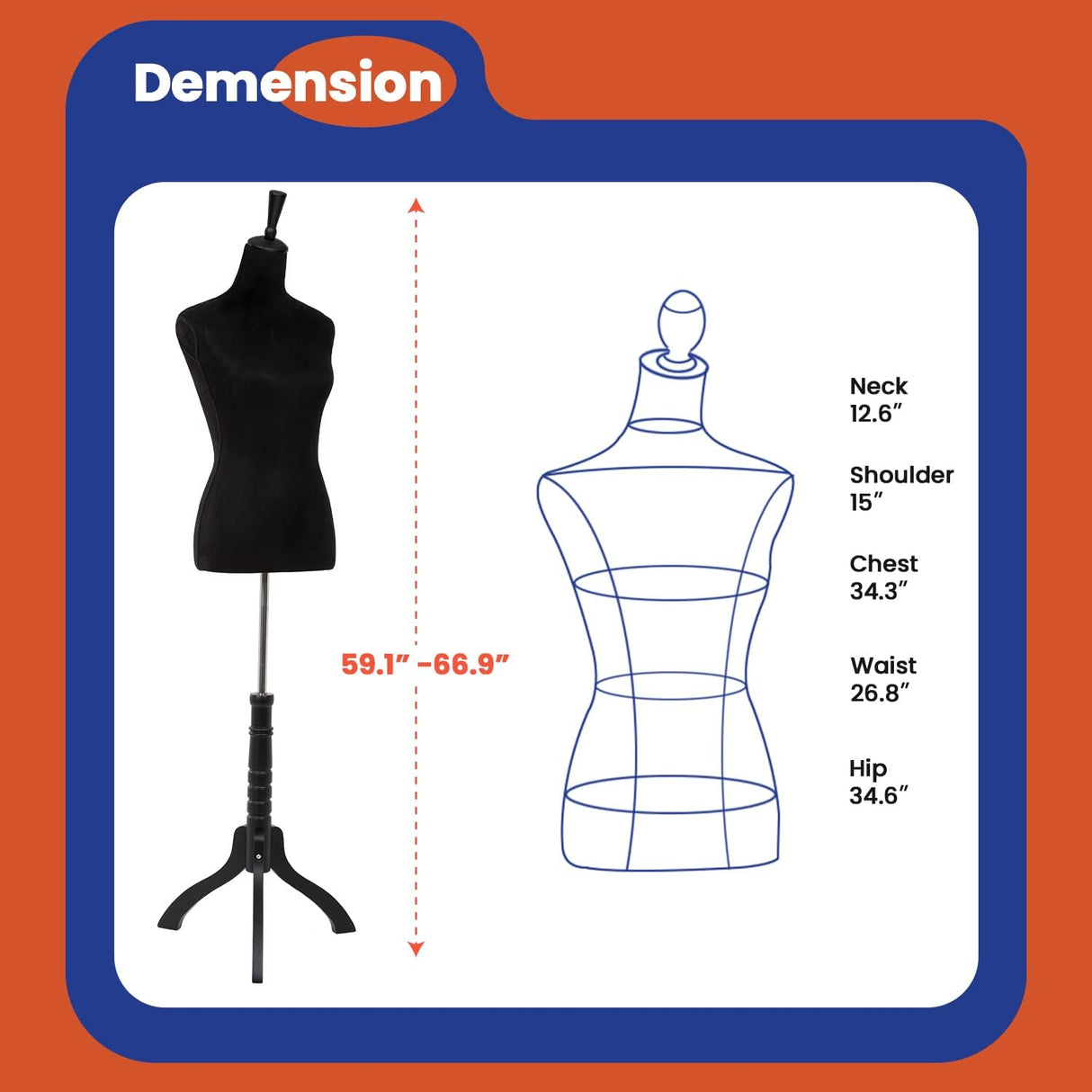 Maniquí Femenino Ajustable 53-67 con Base de Madera