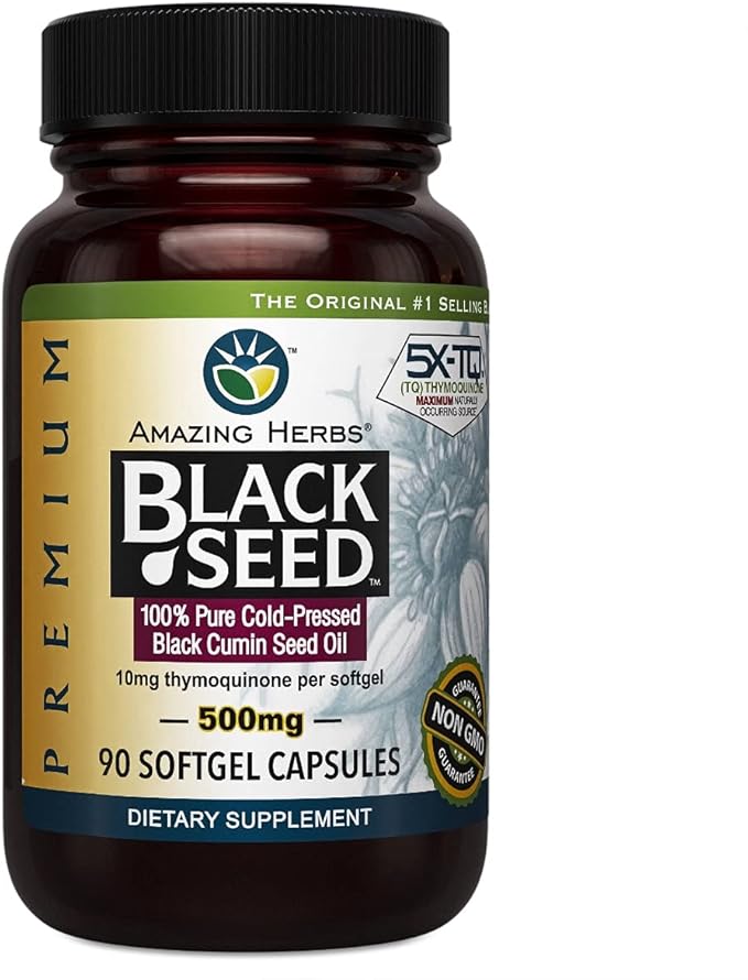 Cápsulas de Aceite de Semilla Negra Amazing Herbs 500mg 90 ct