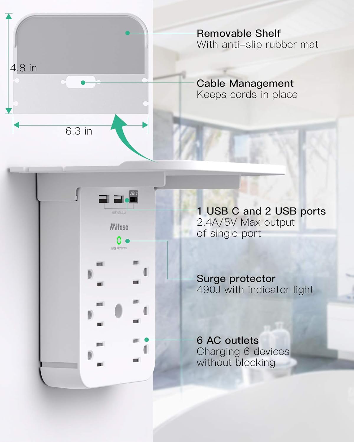 Extensor de toma de corriente de pared con protector de sobretensión, 6 salidas de CA, estante, 2 puertos de carga USB y USB C, expansor de enchufe para el hogar y el dormitorio