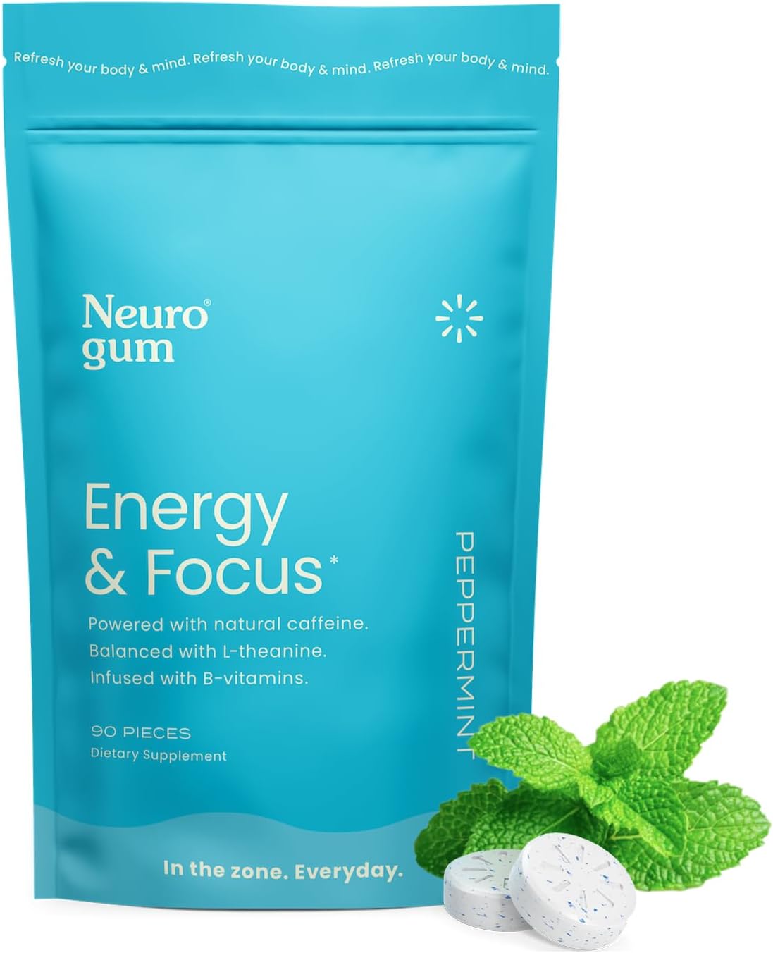 NeuroGum Energy Caffeine Gum (90 piezas) – Sin azúcar con L-teanina + cafeína natural + vitamina B12 y B6 – Suplemento nootrópico de energía y enfoque para mujeres y hombres – Keto y vegano, sabor a