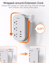 Tira de alimentación USB C de viaje, cable de extensión ultra plano, regleta de alimentación de enchufe plano, 3 salidas con 3 puertos USB (2 USB C), cable de extensión envuelto de 3.2 pies para