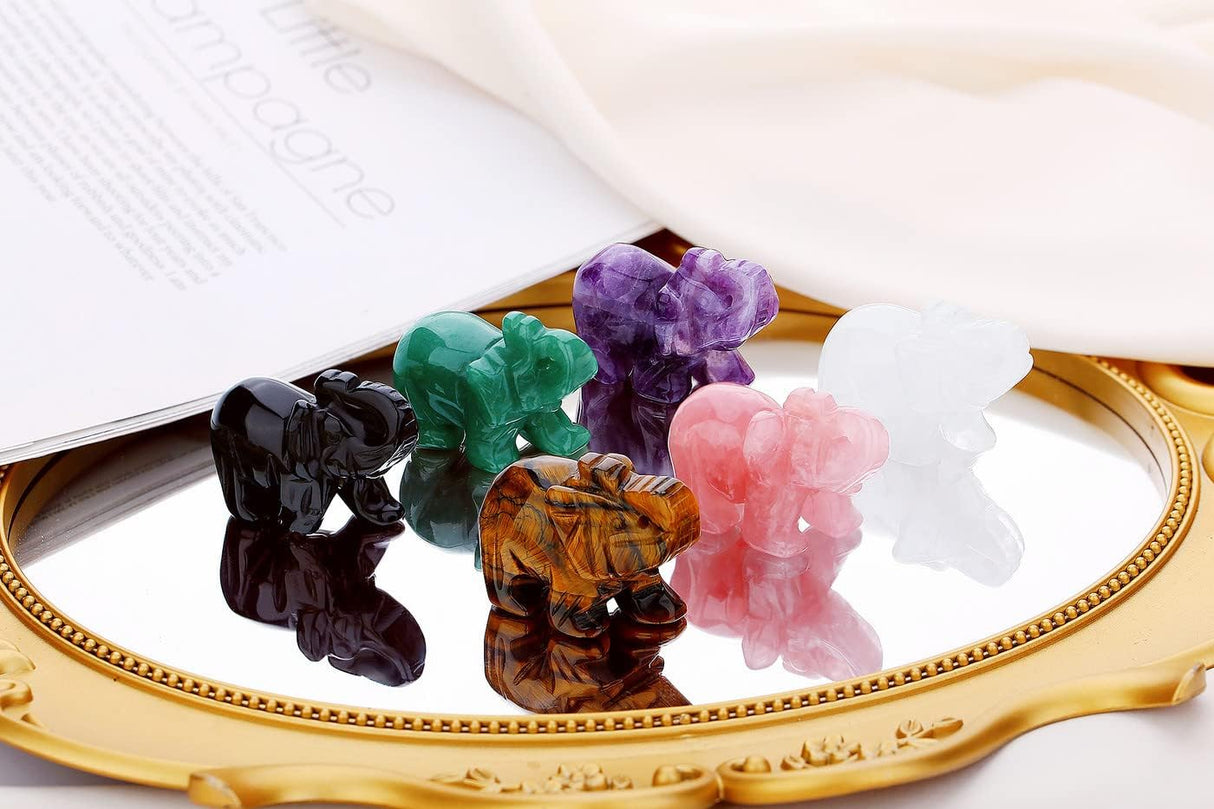 QINJIEJIE 3 pcs de cristales decorativos de elefante, amatista, cuarzo rosa, aventurina verde, bonitas piedras de escritorio, estatua de piedras preciosas naturales, decoración de la suerte,