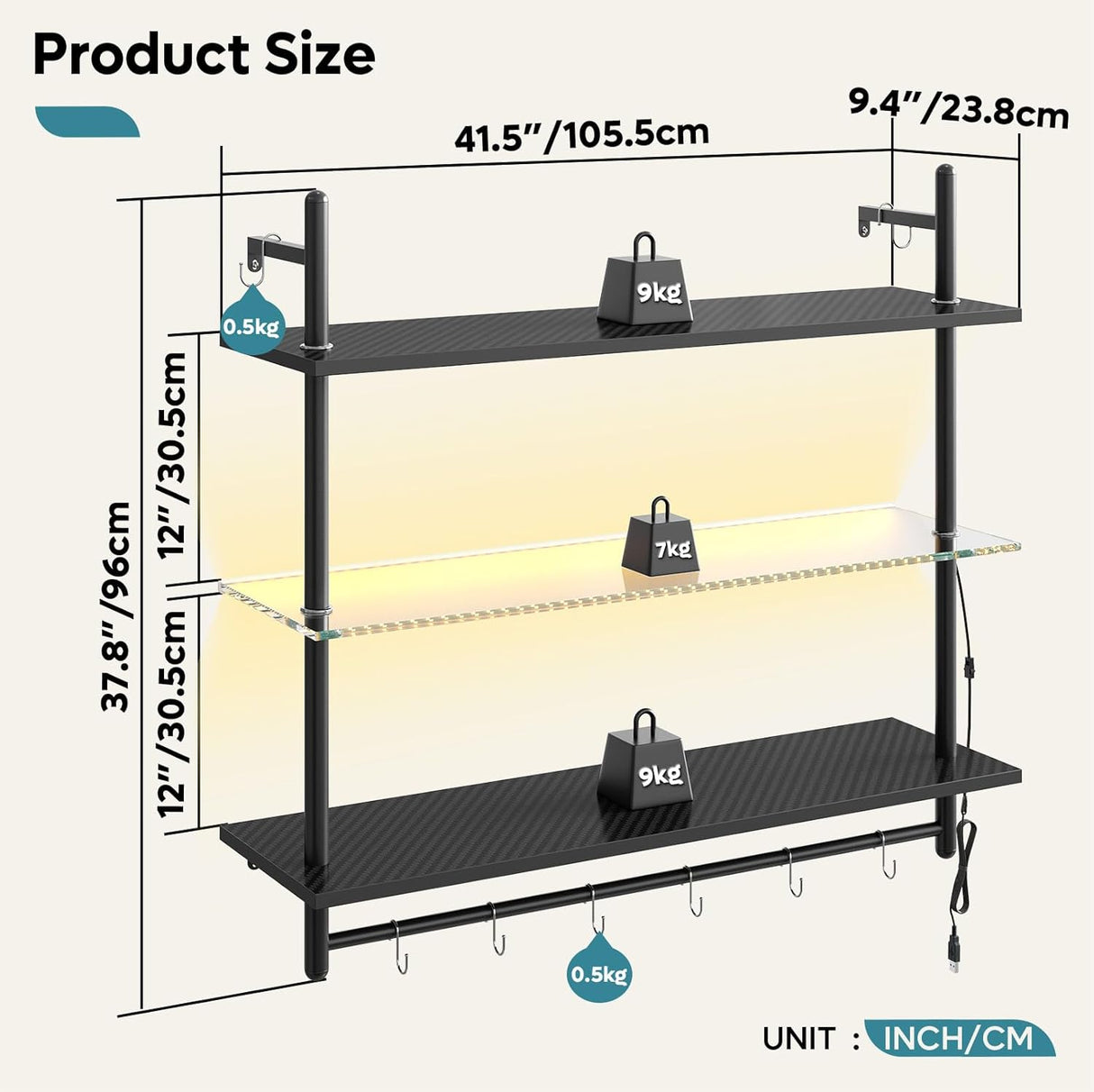 Estante Flotante LED Bestier, 3 Niveles, Soporte de Pared 41