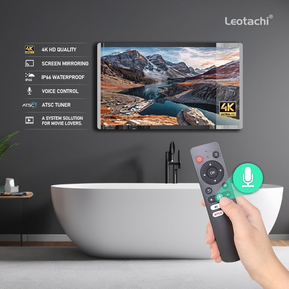 Espejo TV Smart 32 4K Ultra HD, IP66, Control por Voz, Android