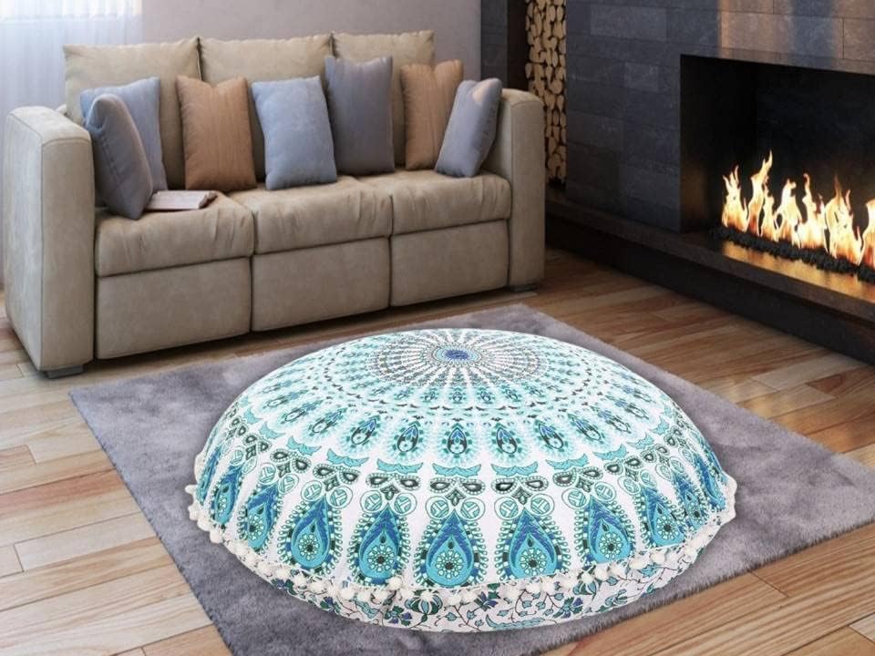 Funda bohemia para cojín, de 32 pulgadas, con diseño de mandala, para meditación, decorativa, otomana, grande, para exteriores, decoración del hogar, decoración de arte en el hogar, redonda, con pompones de algodón, cómoda