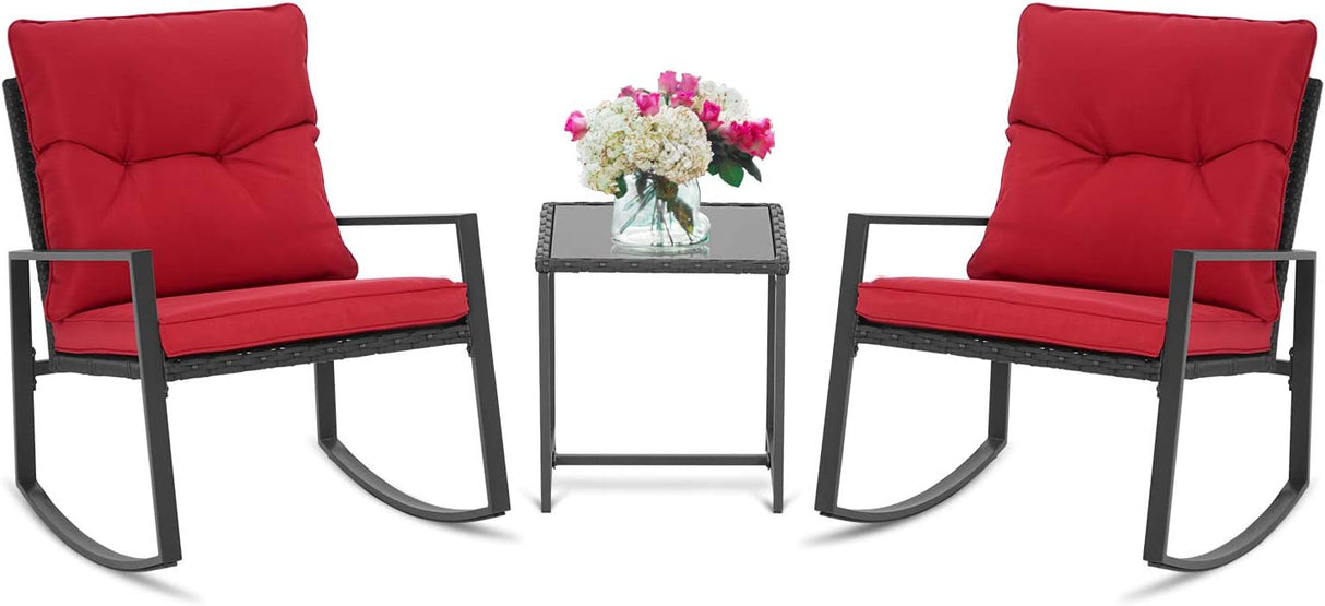 SUNCROWN Juego de 3 piezas de bistró mecedora para exteriores, muebles de mimbre negro, sillas de porche, juegos de conversación con mesa de café de cristal, color rojo