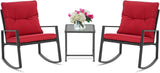 SUNCROWN Juego de 3 piezas de bistró mecedora para exteriores, muebles de mimbre negro, sillas de porche, juegos de conversación con mesa de café de cristal, color rojo
