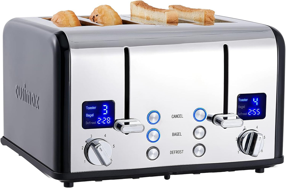 CUSIMAX Tostadora de 4 rebanadas, acero inoxidable, pantalla LED ultra clara y ranuras extra anchas, con paneles de control dobles de 6 ajustes de sombra, función de cancelación/bagel/descongelación, bandejas extraíbles para migas, color negro