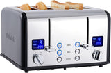 CUSIMAX Tostadora de 4 rebanadas, acero inoxidable, pantalla LED ultra clara y ranuras extra anchas, con paneles de control dobles de 6 ajustes de sombra, función de cancelación/bagel/descongelación, bandejas extraíbles para migas, color negro