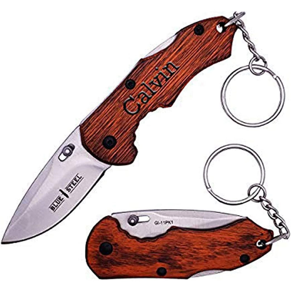 Cuchillo de bolsillo grabado con láser mango de madera