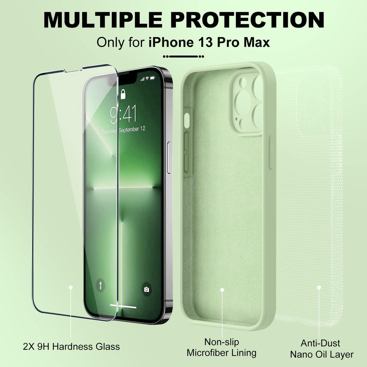 BossKiss Funda compatible con iPhone 13 Pro Max, funda de silicona líquida de alta calidad [tacto aterciopelado] [2 protectores de pantalla de vidrio templado 9H], funda de kit de protección completa a prueba de golpes, color matcha