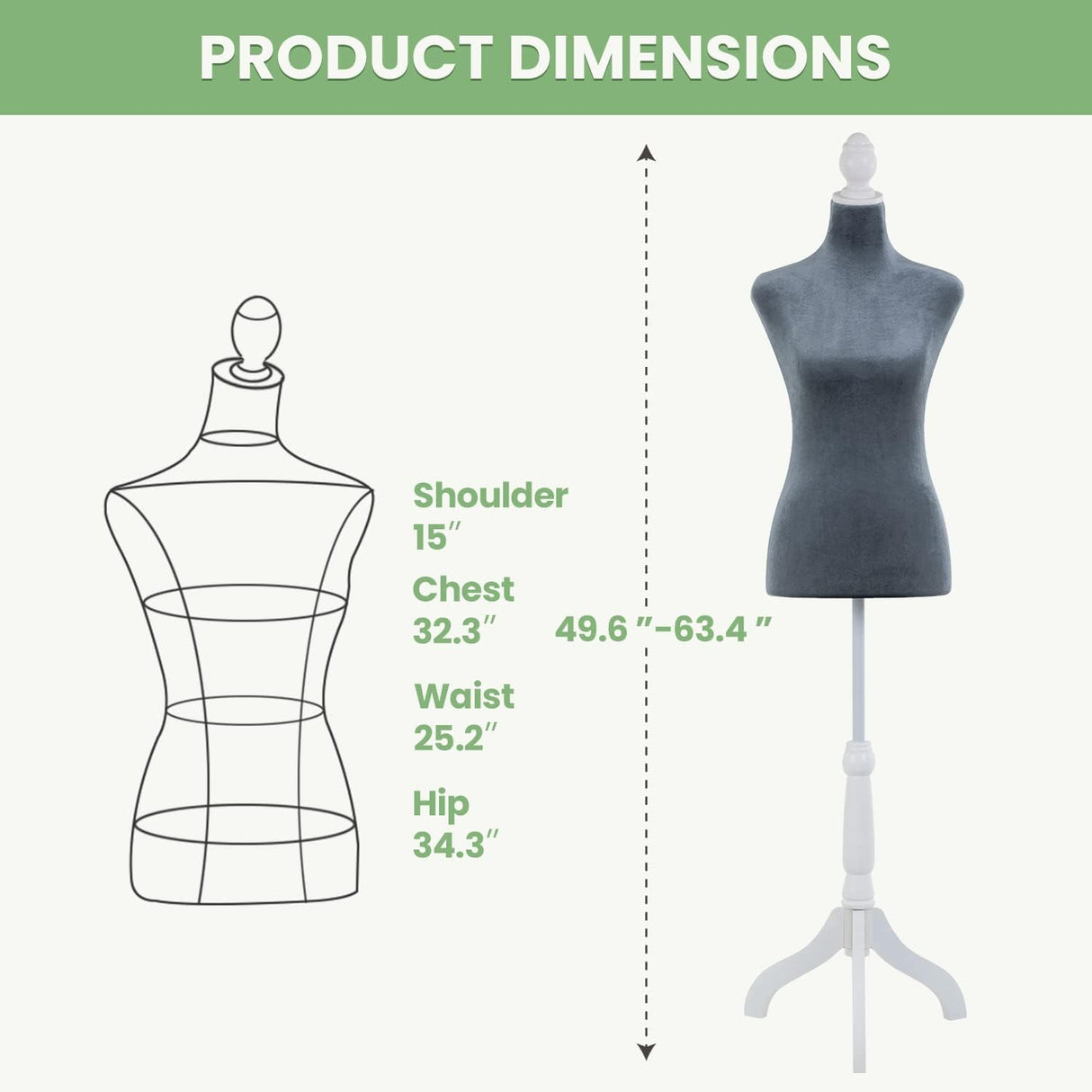 Maniquí cuerpo mujer con trípode, altura ajustable, 49.6-63.4