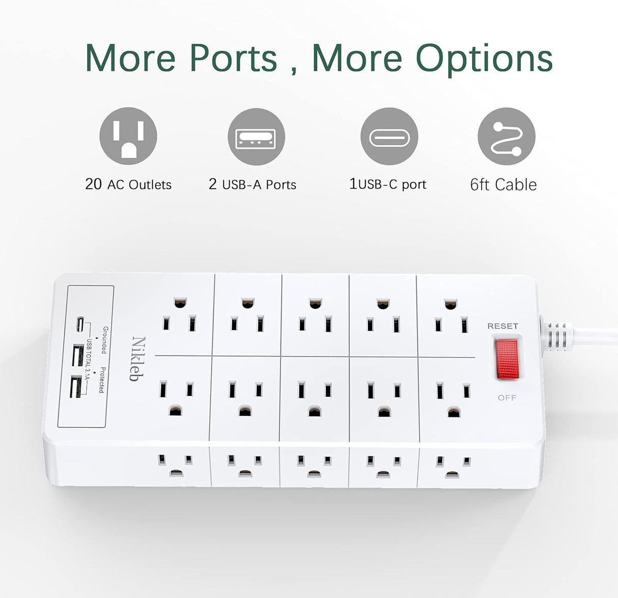 Protector de sobretensiones 23 en 1, cable de extensión de 6 pies