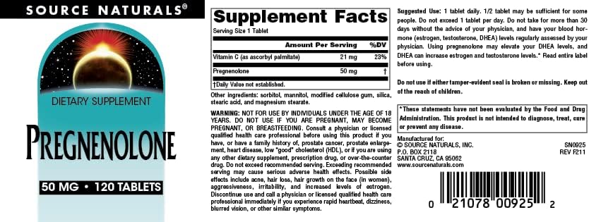 Suplemento Pregnenolona 50mg - Source Naturals, 120 Tabletas