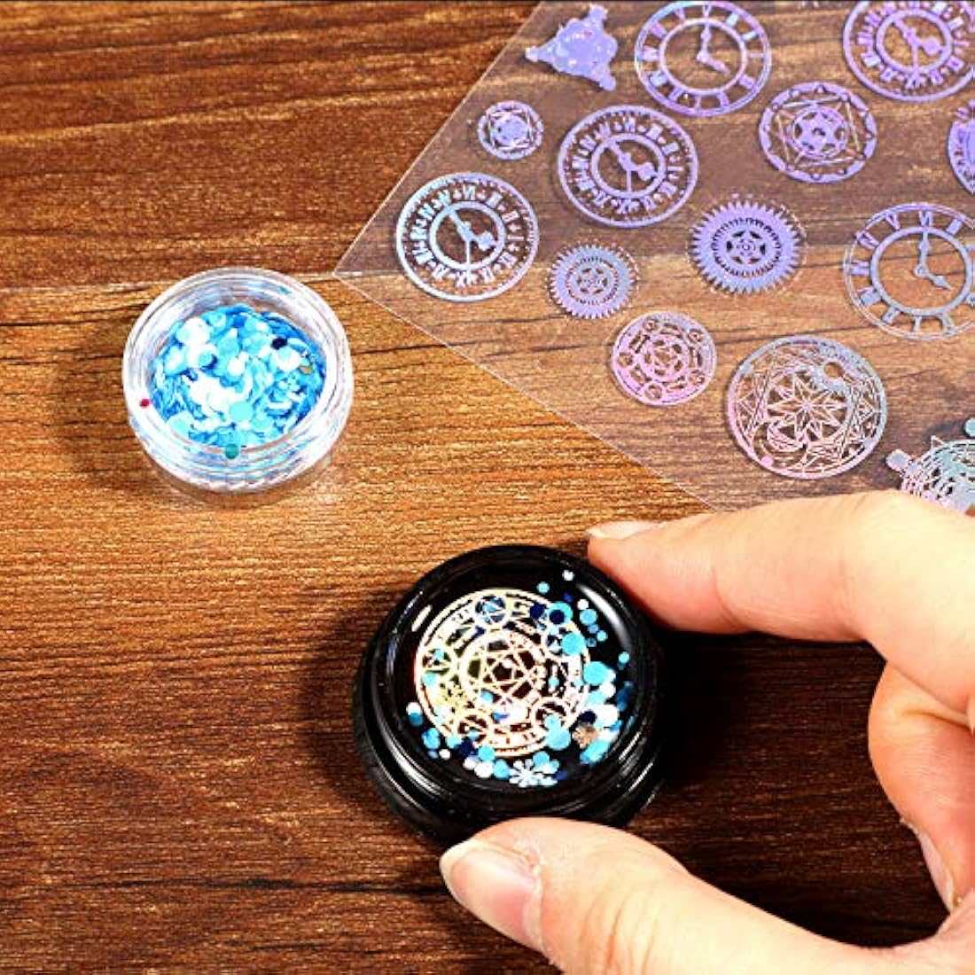 Juego de 25 hojas de pegatinas de resina transparentes para decoración de moldes de resina de silicona y materiales de manualidades con película holográfica transparente para manualidades de resina y joyería en formas variadas