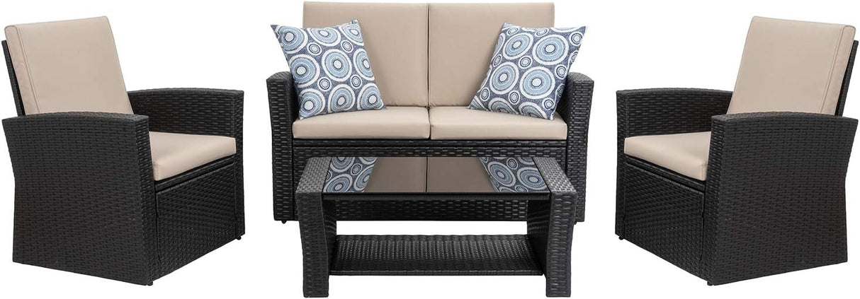 Shintenchi Juego de muebles de patio al aire libre de 4 piezas, sofá seccional de ratán de mimbre con mesa de centro de cristal | Negro