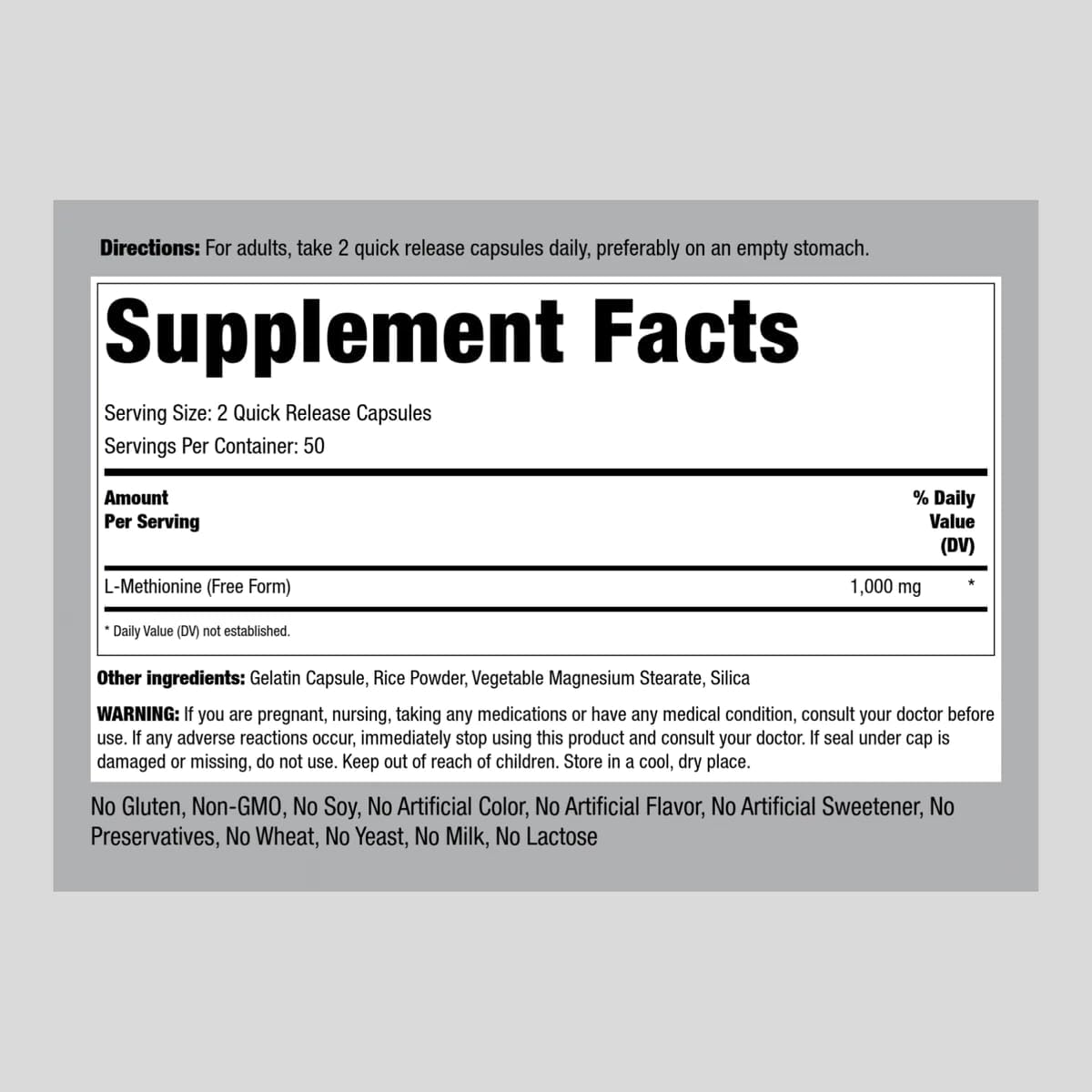 Suplemento Piping Rock L Metionina 1000mg 100 Cápsulas