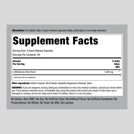 Suplemento Piping Rock L Metionina 1000mg 100 Cápsulas