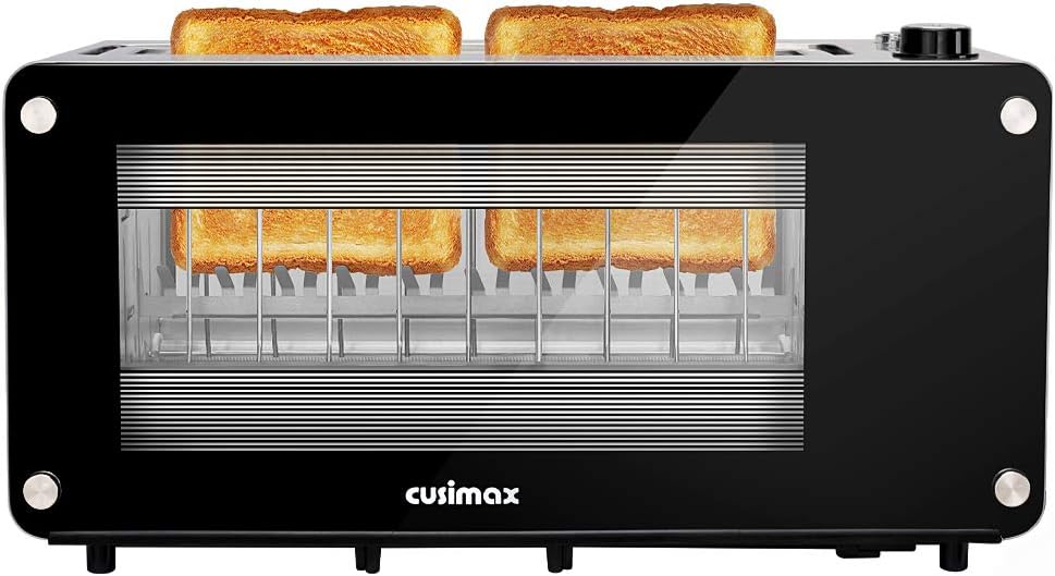Tostadora CUSIMAX de 2 rebanadas, tostadora de ranura larga con ventana de vidrio, tostadora de pan artesanal de acero inoxidable con elevación automática, panel de vidrio deslizante y bandeja extraíble para migas, tostadora negra