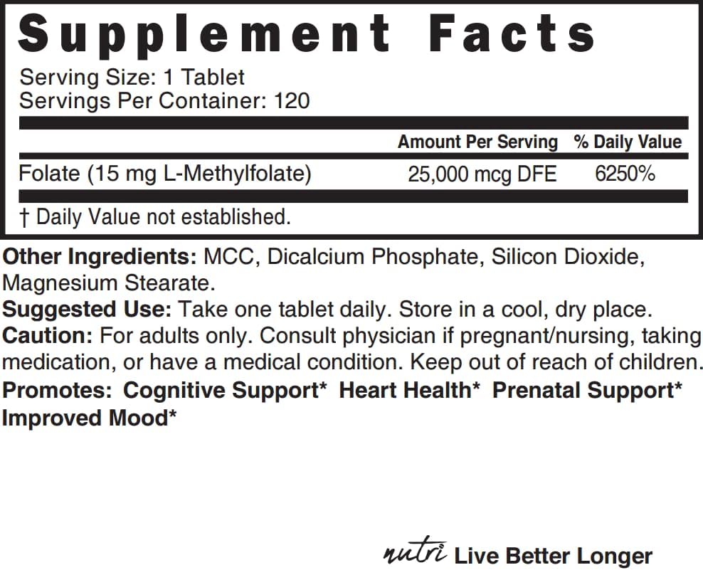 Suplemento Nutri 5-MTHF L Metilfolato 15MG  120 tabl vegana