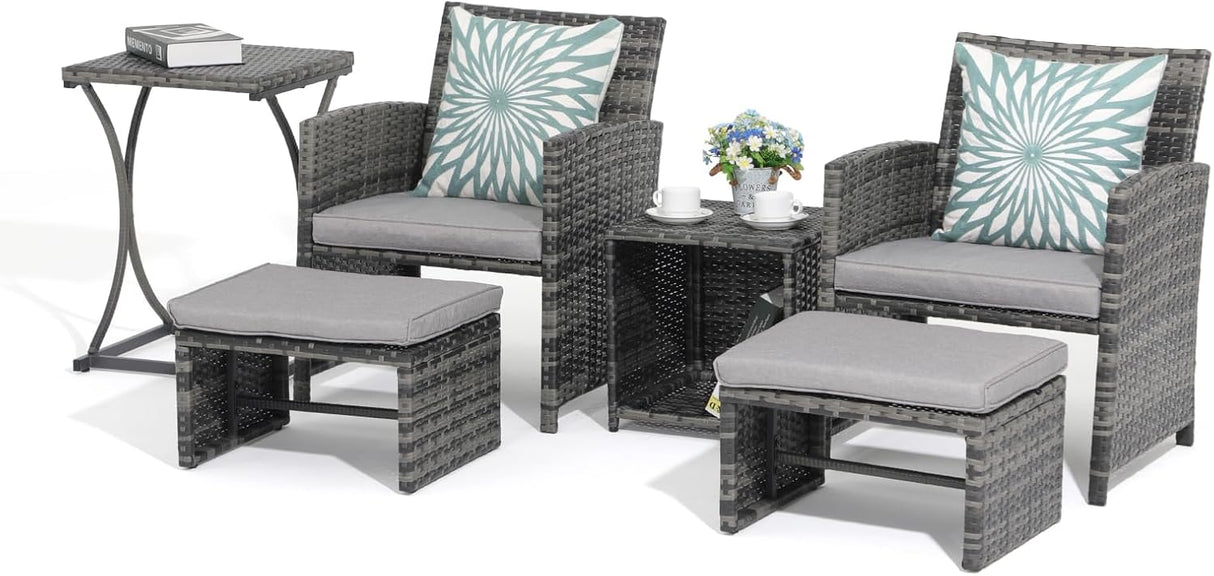OC Orange-Casual Juego de muebles de patio de 6 piezas con otomana, juego de silla y mesa de mimbre gris para exteriores, muebles de balcón para apartamentos, gris claro