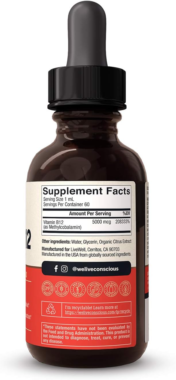 Gotas sublinguales de B12 vegano Live Conscious 5000mcg