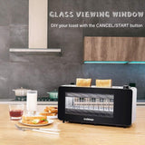 Tostadora CUSIMAX de 2 rebanadas, tostadora de ranura larga con ventana de vidrio, tostadora de pan artesanal de acero inoxidable con elevación automática, panel de vidrio deslizante y bandeja extraíble para migas, tostadora negra