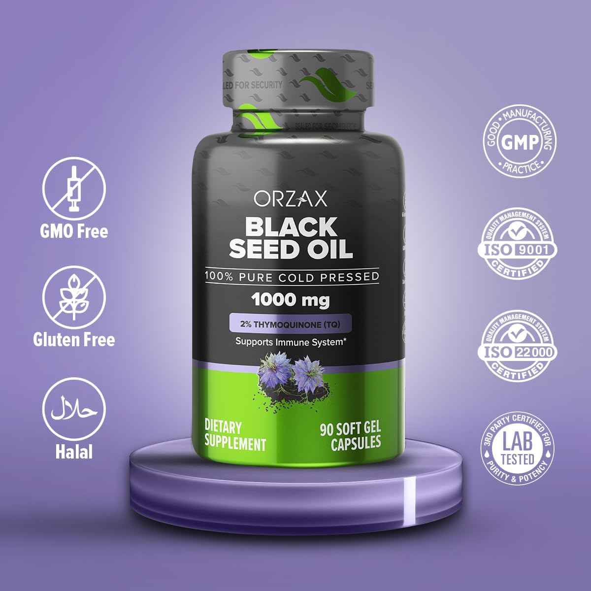 Aceite de Semilla Negra 100% Puro ORZAX, Omega 3 6 9, 90 Cápsulas