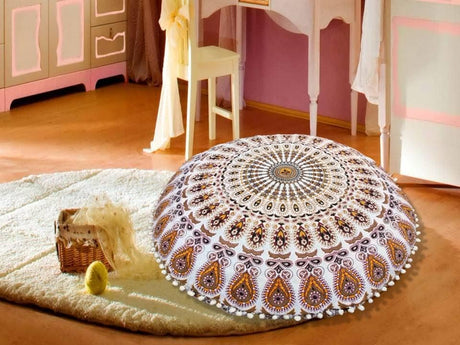 Funda bohemia para cojín, de 32 pulgadas, con diseño de mandala, para meditación, decorativa, otomana, grande, para exteriores, decoración del hogar, decoración de arte en el hogar, redonda, con pompones de algodón, cómoda