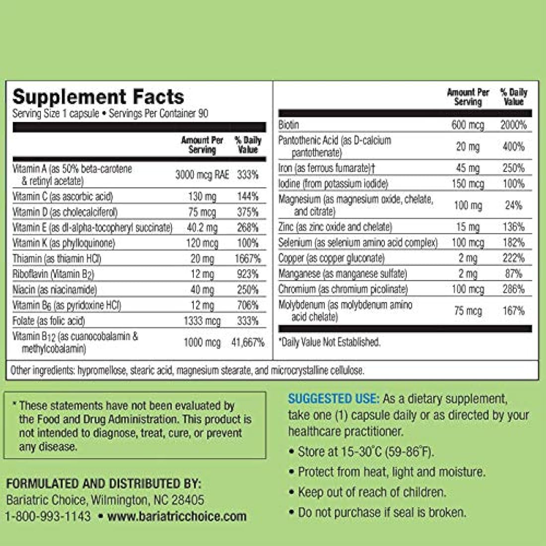 Cápsula de multivitamínico con 45 mg de hierro, suplemento